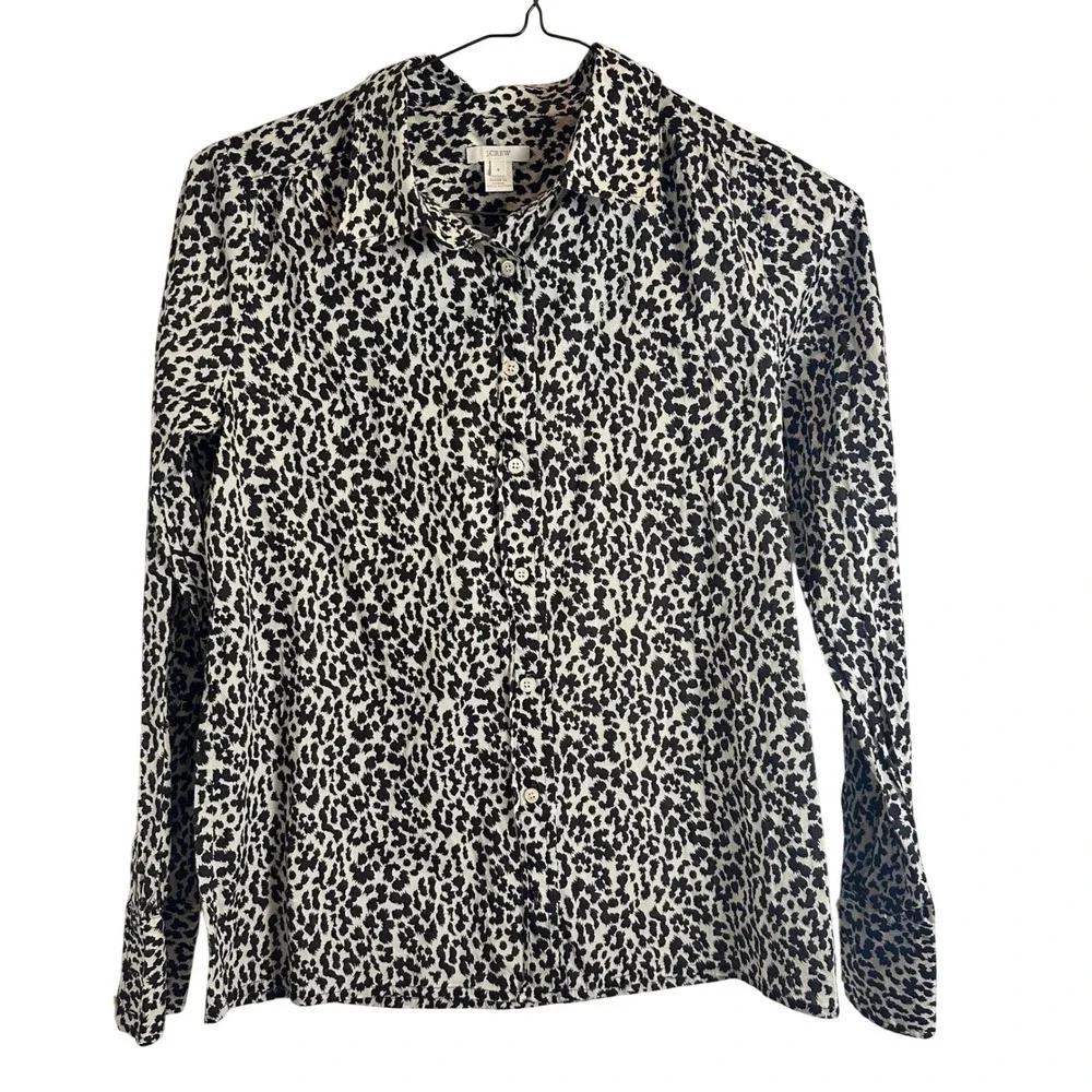 J.Crew Womens Black Ivory Animal Leopard Print‎ 100% Cotton Button Down Shirt 4